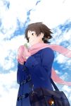  1girl bag brown_eyes brown_hair clouds cloudy_sky coat from_below from_side habuki keychain konno_makoto mittens scarf school_bag school_uniform short_hair skirt sky smile solo toki_wo_kakeru_shoujo wind winter_clothes 