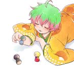  1boy :3 ahoge azmy_(nyanbou) blush character_doll closed_eyes green_hair hanamura_shouma hanten_(clothes) idolmaster idolmaster_side-m japanese_clothes kimono kiyosumi_kurou lying male_focus multicolored_hair nekoyanagi_kirio on_stomach open_mouth pink_hair producer_(idolmaster_side-m) smile solo wavy_hair 