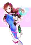  1girl bodysuit brown_eyes brown_hair d.va_(overwatch) facial_mark floating_hair gloves gun hair_between_eyes highlights holding holding_gun holding_weapon leg_up long_hair mooooong1008 multicolored_hair overwatch pink_hair solo standing standing_on_one_leg twitter_username two-tone_hair very_long_hair weapon white_gloves 