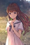  1girl bangs brown_hair dress eyebrows_visible_through_hair floating_hair holding_clover lazuri7 long_hair looking_at_viewer neck_ribbon original outdoors pleated_dress red_eyes ribbon short_sleeves smile solo standing striped striped_ribbon very_long_hair white_dress 