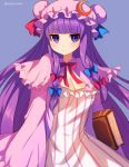  1girl absurdres bangs blue_background blue_bow blunt_bangs book bow breasts cleavage crescent dress eyebrows_visible_through_hair hair_bow hat highres long_hair long_sleeves looking_at_viewer marota medium_breasts patchouli_knowledge purple_hair red_bow red_ribbon ribbon simple_background sketch solo striped touhou vertical-striped_dress vertical_stripes violet_eyes white_dress 