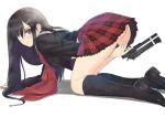  1girl all_fours ass black_hair black_legwear blush brown_eyes english eyepatch gun handgun highres holding holding_weapon kneehighs long_hair looking_at_viewer no_panties plaid plaid_skirt pleated_skirt revolver school_uniform serafuku shoes simple_background sister_blood skirt socks solo tanaka_takayuki weapon 