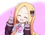  1girl :d ^_^ abigail_williams_(fate/grand_order) bangs blonde_hair blush bow closed_eyes closed_eyes collared_shirt commentary_request cosplay eighth_note facing_viewer fate/grand_order fate_(series) forehead gradient gradient_background hair_bow hands_up jacket kujou_karasuma long_hair long_sleeves musical_note open_mouth parted_bangs pink_background pink_bow purple_bow purple_jacket salute shinjou_akane shinjou_akane_(cosplay) shirt sleeves_past_wrists smile solo ssss.gridman vulcan_salute white_background white_shirt 