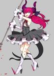  1girl :d absurdres armpits asymmetrical_horns bangs black_skirt blood blue_eyes boots bow commentary_request curled_horns detached_sleeves dh_ead dragon_girl dragon_horns dragon_tail elizabeth_bathory_(fate) elizabeth_bathory_(fate)_(all) eyebrows_visible_through_hair fangs fate/extra fate/extra_ccc fate_(series) floating_hair frills full_body grey_background hair_bow hand_up high_heel_boots high_heels highres holding holding_weapon horns knee_boots layered_skirt long_hair looking_at_viewer looking_down miniskirt one_side_up open_mouth pink_hair pointy_ears polearm purple_bow sidelocks simple_background skirt smile solo tail thighs upper_teeth weapon white_footwear 