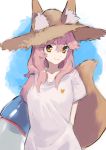  1girl animal_ears brown_hat fate/grand_order fate_(series) fox_ears fox_tail hair_between_eyes hat highres innertube kaerude123 long_hair looking_at_viewer orange_eyes pink_hair shirt short_sleeves sketch smile solo straw_hat sun_hat tail tamamo_(fate)_(all) tamamo_no_mae_(swimsuit_lancer)_(fate) upper_body white_shirt 
