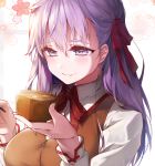  1girl blush bowl breasts chopsticks fate/stay_night fate_(series) food hair_ribbon heart heaven&#039;s_feel highres homurahara_academy_uniform kanola_u large_breasts long_hair matou_sakura miso_soup open_mouth purple_hair red_ribbon ribbon school_uniform smile solo symbol-shaped_pupils violet_eyes 