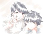  1boy 1girl arm_on_shoulder black_eyes black_hair komi-san_wa_komyushou_desu komi_shousuke komi_shuuko looking_at_viewer mitsugu mother_and_son one_eye_closed smile source_request v white_background 