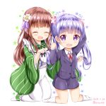  +++ 2girls :d ^_^ ama_usa_an_uniform apron blush brown_hair closed_eyes closed_eyes collared_shirt commentary_request creator_connection dated flower flying_sweatdrops formal gochuumon_wa_usagi_desu_ka? green_kimono hair_flower hair_ornament hand_up holding holding_hair jacket japanese_clothes kimono kneehighs kneeling long_hair long_sleeves maid_apron manga_time_kirara multiple_girls neck_ribbon new_game! no_shoes open_mouth pink_ribbon polka_dot polka_dot_trim purple_hair purple_jacket purple_skirt ribbon shirt skirt skirt_suit smile star striped suit suzukaze_aoba twintails twitter_username ujimatsu_chiya vertical-striped_kimono vertical_stripes very_long_hair violet_eyes white_apron white_flower white_legwear white_shirt wide_sleeves zenon_(for_achieve) 