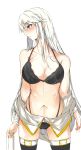  1girl azur_lane bandage black_bra bra breasts cleavage collarbone commentary cowboy_shot enterprise_(azur_lane) eyebrows_visible_through_hair highleg highleg_panties highres large_breasts long_hair navel otsunabe_(naabe_delta) panties shirt shirt_removed sidelocks silver_hair sleeveless sleeveless_shirt thigh-highs underwear violet_eyes white_background white_shirt 