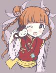  1girl ;d absurdres animal animal_on_shoulder bangs blush braid breasts brown_background brown_eyes brown_hair commentary_request copyright_request double_bun eyebrows_visible_through_hair fingernails hair_ribbon hand_up highres long_hair long_sleeves monkey neki_(wakiko) on_shoulder one_eye_closed open_mouth red_shirt ribbon see-through see-through_sleeves shirt side_bun simple_background small_breasts smile solo twin_braids twintails twitter_username upper_body very_long_hair 