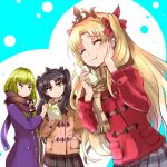  1other 2girls ^_^ bangs baozi black_hair black_scarf black_skirt blonde_hair blush brown_coat brown_scarf closed_eyes closed_eyes closed_mouth coat commentary_request duffel_coat eating enkidu_(fate/strange_fake) ereshkigal_(fate/grand_order) eyebrows_visible_through_hair fate/grand_order fate_(series) food foodgasm glaring green_hair grimjin hair_ribbon hand_in_pocket hand_on_own_cheek holding holding_food ishtar_(fate/grand_order) long_hair long_sleeves looking_at_another multiple_girls plaid plaid_scarf plaid_skirt pleated_skirt purple_coat red_coat red_eyes red_ribbon ribbon scarf skirt tiara two-tone_background two_side_up winter_clothes 