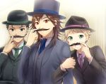  3boys azmy_(nyanbou) black_hair blonde_hair blue_eyes blue_neckwear brown_hair dark_skin dark_skinned_male earrings facial_hair fake_facial_hair fake_mustache green_neckwear jewelry kikuchi_mataha kyo_(vocaloid) looking_at_viewer male_focus multiple_boys mustache necktie pink_neckwear smile stud_earrings upper_body vocaloid wil_(vocaloid) yuu_(vocaloid) zola_project 