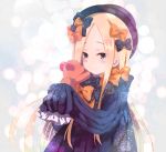  1girl abigail_williams_(fate/grand_order) bangs black_bow black_dress black_hat blonde_hair blue_eyes blush bow closed_mouth commentary_request dress fate/grand_order fate_(series) forehead hair_bow hands_up hat hinata_nonoka holding holding_stuffed_animal long_hair long_sleeves looking_away orange_bow parted_bangs polka_dot polka_dot_bow sleeves_past_fingers sleeves_past_wrists smile solo stuffed_animal stuffed_toy teddy_bear upper_body very_long_hair 