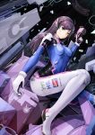  1girl bodysuit breasts brown_eyes brown_hair d.va_(overwatch) facial_mark gloves gun hd-hlh-3h headphones holding holding_gun holding_weapon long_hair looking_at_viewer overwatch sitting small_breasts solo weapon white_gloves 
