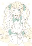  1girl ;d apron blonde_hair bow bowtie checkered checkered_floor eyebrows_visible_through_hair green_eyes green_neckwear green_ribbon green_skirt hair_ribbon kneeling long_hair looking_at_viewer meito_(maze) one_eye_closed open_mouth original ribbon sketch skirt smile solo thigh-highs twintails v white_background white_legwear 