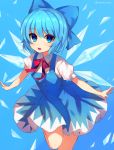  1girl blue_background blue_bow blue_dress blue_eyes blue_hair bow cirno dress eyebrows_visible_through_hair hair_bow highres ice ice_wings looking_at_viewer marota open_mouth outstretched_arms puffy_short_sleeves puffy_sleeves short_hair short_sleeves simple_background smile solo touhou twitter_username wings 