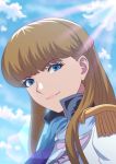  1girl bangs blonde_hair blue_eyes blue_sky closed_mouth clouds commentary_request epaulettes eyebrows_visible_through_hair fateline_alpha gundam gundam_wing highres light_rays long_hair looking_at_viewer military military_uniform pink_lips relena_peacecraft sky smile solo uniform upper_body 