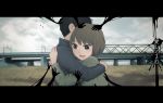  1boy 1girl :d blue_eyes bridge brown_hair clouds cloudy_sky commentary_request from_side grey_sky hug letterboxed long_sleeves open_mouth original outdoors sky smile translated yajirushi_(chanoma) 