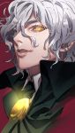  1boy black_cape cape collared_shirt commentary_request copyright_request edmond_dantes_(fate/grand_order) fate/grand_order fate_(series) grey_hair hair_between_eyes highres lips looking_at_viewer male_focus parted_lips red_background shirt simple_background smile solo tenobe upper_body white_shirt wing_collar yellow_eyes 