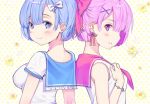  2girls back-to-back blue_eyes blue_hair blue_sailor_collar blush bow bracelet breasts chagoon hair_bow hair_ornament jewelry looking_at_viewer looking_back medium_breasts multiple_girls parted_lips pink_bow pink_eyes pink_hair pink_sailor_collar ram_(re:zero) re:zero_kara_hajimeru_isekai_seikatsu rem_(re:zero) sailor_collar shirt short_hair sleeveless sleeveless_shirt smile white_bow white_shirt x_hair_ornament 