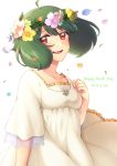  1girl absurdres ahoge alternate_costume breasts dress flower fuuka_(fu-haru) green_hair hand_on_own_chest happy_birthday head_wreath highres macross macross_frontier petals ranka_lee red_eyes short_hair small_breasts smile solo wind wind_lift 