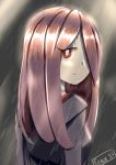  1girl absurdres artist_name from_behind hair_over_one_eye highres light_frown little_witch_academia long_hair looking_at_viewer purple_hair rain robe solo sucy_manbavaran tegar32 upper_body 