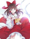  1girl bow brown_eyes brown_hair collarbone detached_sleeves floating_hair frilled_bow frilled_hair_tubes frills hair_bow hakurei_reimu holding lazuri7 long_hair long_skirt long_sleeves looking_at_viewer red_bow red_ribbon red_shirt red_skirt ribbon ribbon-trimmed_sleeves ribbon_trim shirt skirt sleeveless sleeveless_shirt solo standing touhou white_background white_sleeves wide_sleeves 