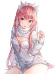  1girl :p bangs between_legs blush breasts brown_eyes cleavage cleavage_cutout closed_mouth commentary_request eyebrows_visible_through_hair fate/grand_order fate_(series) hair_between_eyes hand_between_legs hand_up head_tilt hitsukuya long_hair long_sleeves medb_(fate)_(all) medb_(fate/grand_order) meme_attire open-chest_sweater pink_hair ribbed_sweater simple_background sitting smile solo sweater tongue tongue_out turtleneck turtleneck_sweater v-shaped_eyebrows very_long_hair white_background white_sweater 