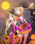  1boy 1girl :p backless_dress backless_outfit bat black_cat blonde_hair blue_eyes bow_skirt broom cape cat commentary dress grin hair_ornament halloween_costume hat head_tilt heterochromia jack-o&#039;-lantern kagamine_len kagamine_rin knee_to_face kneehighs looking_at_viewer looking_back medium_hair moon night night_sky puffy_short_sleeves puffy_sleeves pumpkin purple_legwear red_eyes sazanami_(ripple1996) short_sleeves skirt sky smile standing star star_(sky) striped striped_legwear thigh-highs tongue tongue_out vocaloid witch_hat 