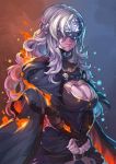  1girl blindfold blonde_hair blue_background breasts cape cleavage cleavage_cutout closed_mouth covered_eyes dark_souls_iii dress fengmo fire fire_keeper gradient gradient_background hands_together jewelry lips long_hair mask necklace red_background solo souls_(from_software) 
