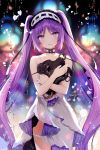  1girl artist_name bangs bare_shoulders beads blurry blurry_background blush choker collarbone commentary_request cowboy_shot crying crying_with_eyes_open depth_of_field dress euryale eyebrows_visible_through_hair fate/grand_order fate_(series) hairband head_tilt highres holding light_smile lolita_hairband long_hair looking_at_viewer mask necomi parted_lips petals purple_hair rain sidelocks signature sleeveless solo tears twintails very_long_hair violet_eyes water water_drop white_dress 
