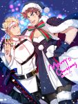  2boys artoria_pendragon_(all) battle_tendency black_legwear blue_eyes blush boots breasts brown_hair caesar_anthonio_zeppeli cape catsizuru chaldea_uniform christmas cigarette cleavage command_spell cosplay crossdressinging crossover dark_excalibur dress facial_mark fang fate/grand_order fate_(series) fujimaru_ritsuka_(male) fujimaru_ritsuka_(male)_(cosplay) fur_trim gloves green_eyes hat jojo_no_kimyou_na_bouken mouth_hold multiple_boys one_eye_closed pantyhose ribbon sack saint_quartz santa_alter santa_alter_(cosplay) santa_hat snowing thigh-highs thigh_boots 