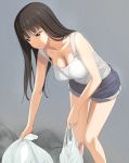  1girl a1 black_eyes black_hair blouse breasts casual cleavage commentary_request denim denim_shorts feet_out_of_frame girls_und_panzer grey_background large_breasts leaning_forward long_hair nishizumi_shiho shorts simple_background sleeveless solo standing tareme trash_bag white_blouse 
