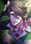  1boy :d akuno_hideo bandanna black_gloves blue_eyes brown_hair commentary_request eyebrows_visible_through_hair fangs fingerless_gloves glint gloves hair_between_eyes hand_up highres holding holding_microphone idolmaster idolmaster_side-m long_sleeves looking_at_viewer male_focus microphone open_mouth sharp_teeth smile solo teeth westxost_(68monkey) 