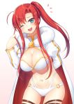  1girl :d bangs blue_eyes blush boudica_(fate/grand_order) bra breasts cape cleavage cowboy_shot fate/grand_order fate_(series) large_breasts long_hair looking_at_viewer nakamura_hinato o-ring one_eye_closed open_mouth panties parted_bangs ponytail redhead sidelocks simple_background smile solo thigh-highs underwear white_background white_bra white_panties 