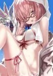  1girl :d adjusting_eyewear animal_on_leg black-framed_eyewear blue_background breasts cleavage eyebrows_visible_through_hair fate/grand_order fate_(series) flower fou_(fate/grand_order) front-tie_bikini front-tie_top glasses hair_flower hair_ornament hair_over_one_eye mash_kyrielight medium_breasts open_mouth pink_hair pink_ribbon red_ribbon ribbon shino_(eefy) short_hair sideboob sitting smile solo towel towel_on_head under_boob violet_eyes wet white_bikini_top white_flower white_towel 