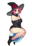  1girl absurdres between_legs black_footwear black_hat black_shirt breasts character_request cleavage copyright_request eyebrows_visible_through_hair fengmo full_body gradient_hair hand_between_legs hat hat_ribbon highres large_breasts long_sleeves looking_at_viewer multicolored_hair off_shoulder pink_eyes pink_hair red_ribbon ribbon shirt simple_background sitting smile solo sphere thighs white_background witch_hat 