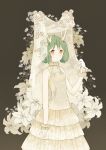  1girl ahoge alternate_costume antlers bare_shoulders bird bird_on_hand dress floral_print flower gloves green_hair half_gloves highres lrul macross macross_frontier ranka_lee red_eyes short_hair solo symbol-shaped_pupils veil white_flower 