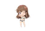  1girl absurdres artist_request bangs bare_shoulders barefoot bikini bikini_under_clothes blue_eyes blush breasts chibi cleavage dead_or_alive dead_or_alive_xtreme full_body hairband hand_on_hip highres hitomi_(doa) jewelry light_brown_hair long_hair looking_at_viewer medium_breasts navel necklace official_art one_eye_closed open_mouth shiny shiny_hair short_shorts shorts simple_background smile solo standing swimsuit v white_background 
