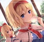 1girl alice_margatroid apron arm_up blonde_hair blue_dress blue_eyes blurry border bow capelet cup depth_of_field dress drinking dutch_angle expressionless hair_between_eyes hair_bow headband light_particles long_hair long_sleeves looking_at_viewer neck_ribbon red_ribbon ribbon shanghai_doll short_hair syangurira7 teacup touhou upper_body waist_apron white_capelet window 