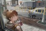  1girl absurdres backpack bag blurry brown_eyes brown_hair burari cafe car city cup depth_of_field drinking drinking_straw from_behind glass ground_vehicle hair_bun highres holding hood hoodie looking_at_viewer looking_back motor_vehicle mouth_hold original road solo street truck window 