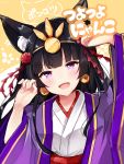  1girl animal_ears bangs bell bell_earrings black_hair blunt_bangs blush cat_ears commentary earrings eyebrows_visible_through_hair fukunoki_tokuwa highres japanese_clothes jewelry komachi_nono long_hair open_mouth otogi_resurrection paw_pose smile solo violet_eyes virtual_youtuber 