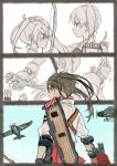  2girls aircraft airplane arrow bow_(weapon) comic commentary_request fairy_(kantai_collection) flight_deck hand_on_another&#039;s_head japanese_clothes kaga_(kantai_collection) kantai_collection long_hair multiple_girls muneate quiver ree_(re-19) side_ponytail weapon younger zuikaku_(kantai_collection) 