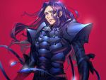  1boy armor bangs breastplate eyebrows_visible_through_hair eyes_visible_through_hair fate/zero fate_(series) floating_hair highres lancelot_(fate/zero) long_hair male_focus parted_bangs parted_lips pauldrons purple_hair red_background simple_background solo tenobe upper_body 
