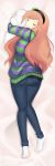  body_pillow body_pillow_art closed_eyes cuddle dakimakura dakimakura_art headband hoodie jeans orange_hair rebyo sleeping socks striped_sweater sweater vivian_james 