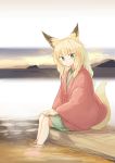  1girl animal_ears barefoot batta_(kanzume_quality) blonde_hair closed_mouth eyebrows_visible_through_hair fox_ears fox_girl fox_tail fox_wife_(batta_(kanzume_quality)) from_side green_eyes haori japanese_clothes legs_together long_hair looking_at_viewer looking_to_the_side onsen original sitting smile soaking_feet solo tail water 