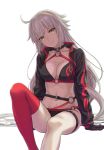  1girl asymmetrical_legwear bangs bikini black_bikini black_choker black_gloves blush breasts brown_eyes choker cleavage closed_mouth collarbone eyebrows_visible_through_hair fate/grand_order fate_(series) gloves grey_hair head_tilt highres jeanne_d&#039;arc_(alter_swimsuit_berserker) jeanne_d&#039;arc_(fate)_(all) long_hair long_sleeves looking_at_viewer medium_breasts navel o-ring o-ring_bikini o-ring_bottom o-ring_top red_legwear shrug_(clothing) single_thighhigh sitting solo swimsuit thigh-highs tuchinokoeffect very_long_hair white_background 