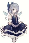  1girl absurdres adapted_costume blue_eyes blue_hair bow cirno flower frills hair_bow highres hito_komoru petticoat short_hair simple_background sketch skirt skirt_lift skirt_set solo touhou white_background white_flower wrist_cuffs 
