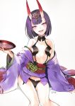  1girl :d alcohol artist_name black_panties blush breasts cleavage collarbone cup fate/grand_order fate_(series) hair_ornament head_tilt horns makeup open_mouth panties purple_hair sakazuki sake short_hair shuten_douji_(fate/grand_order) simple_background sitting small_breasts smile solo underwear violet_eyes white_background yumaomi 