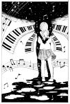  1boy 1girl braid calligraphy_brush_(medium) commentary_request highres long_hair madotsuki monochrome musical_note nib_pen_(medium) piano_keys shirt skirt space sweater traditional_media twin_braids twintails yume_nikki 